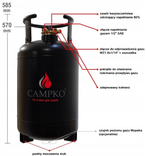 Butla stalowa CAMPKO 36l z wielozaworem Multi 80% - do takowania gazu LPG